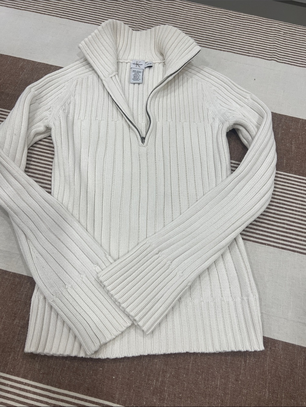 🔥🔥Calvin Klein Jeans Cream Ribbed Quarter-Zip Turtleneck Sweater